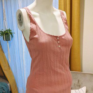 Pink Ribbed Henley Sleeveless Top Scallop Trim